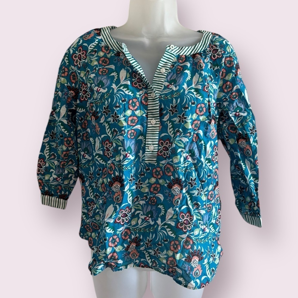 Talbots Blue Floral Popover Blouse 3/4 Sleeve Band Collar Petite S - Picture 5 of 8